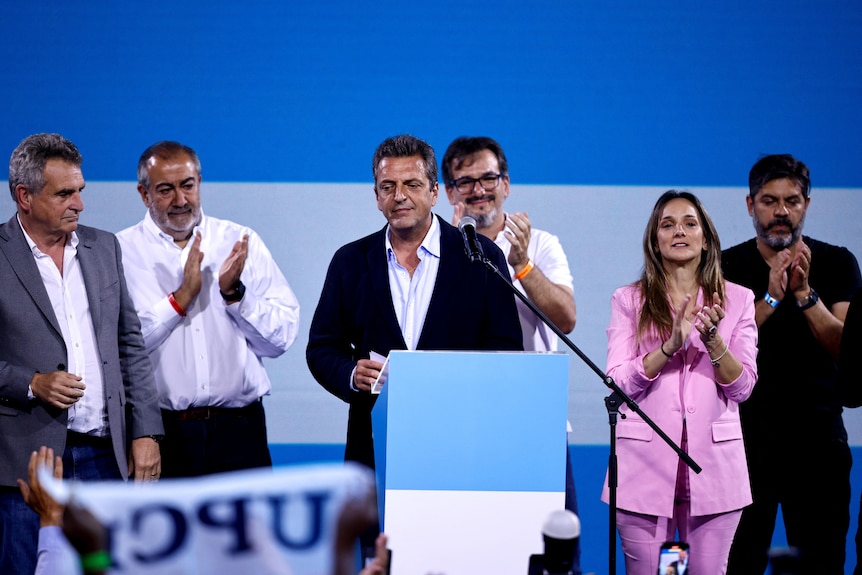 Argentine presidential candidate Sergio Massa addresses supporters.