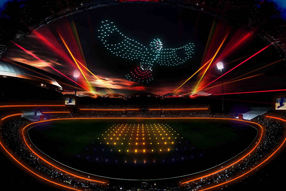 drones for a large bird in the night sky above an oval