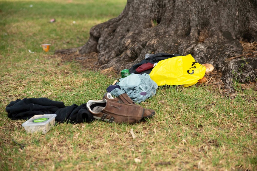 A homeless person's belongings in Whitmore Square