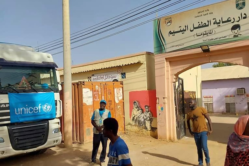 A UNICEF bus parked outside the Foster Home for Orphans in Khartoum, Sudan