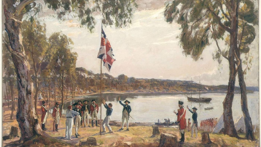 A painting depicting Arthur Phillip planting a flag in Sydney Cove.
