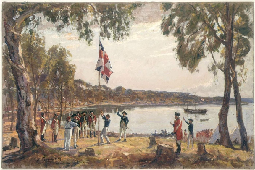 A painting depicting Arthur Phillip planting a flag in Sydney Cove.