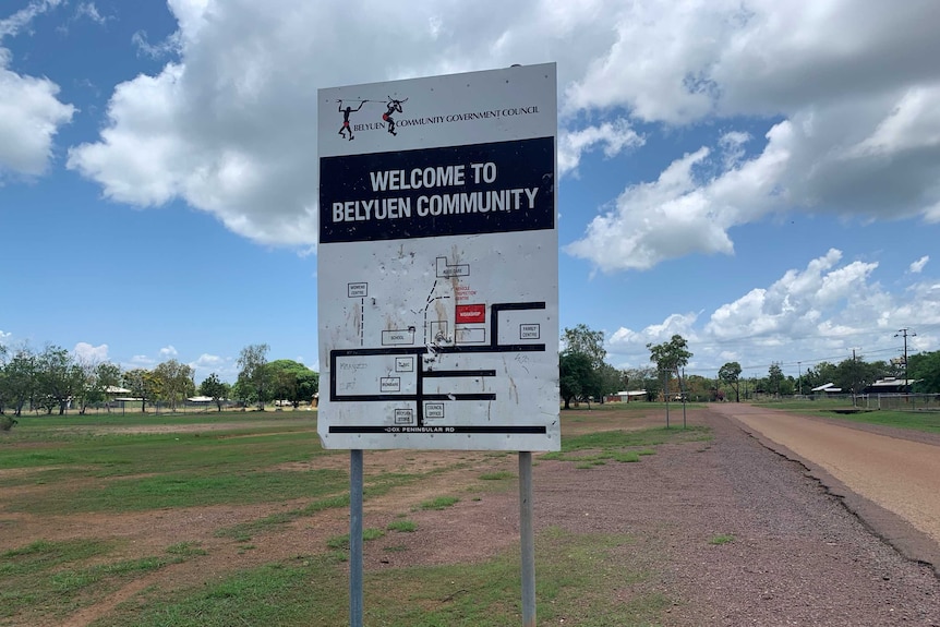 A sign outside the community of Belyuen in the Northern Territory.
