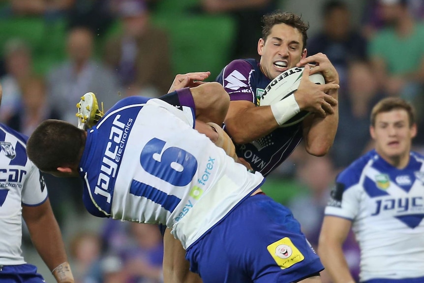 On report ... Billy Slater's (R) trailing foot catches David Klemmer in the face.