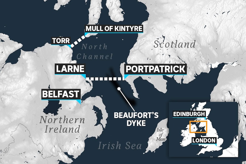 A map showing the routes over the Irish Sea where a bridge may go to link Northern Ireland and Scotland.