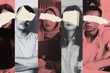 A composite illustration of six images of students with small bits of paper covering their eyes and hiding their identities