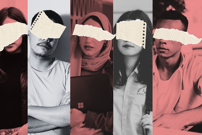 A composite illustration of six images of students with small bits of paper covering their eyes and hiding their identities