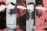 A composite illustration of six images of students with small bits of paper covering their eyes and hiding their identities