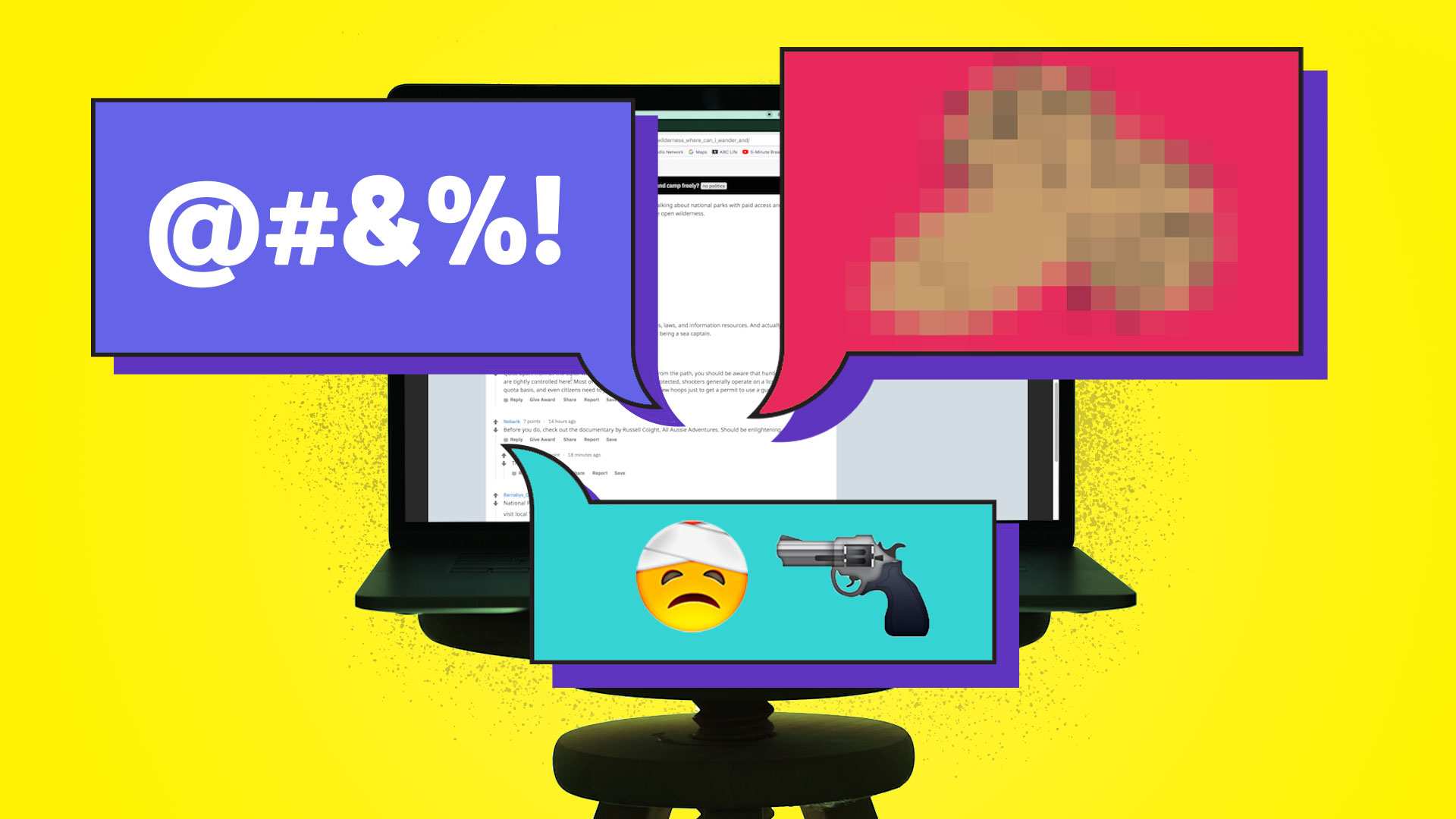 A computer surrounded by captions of pixelated dick pics, swearing, and violent emojis