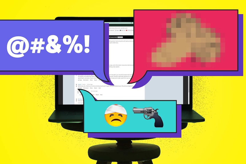 A computer surrounded by captions of pixelated dick pics, swearing, and violent emojis