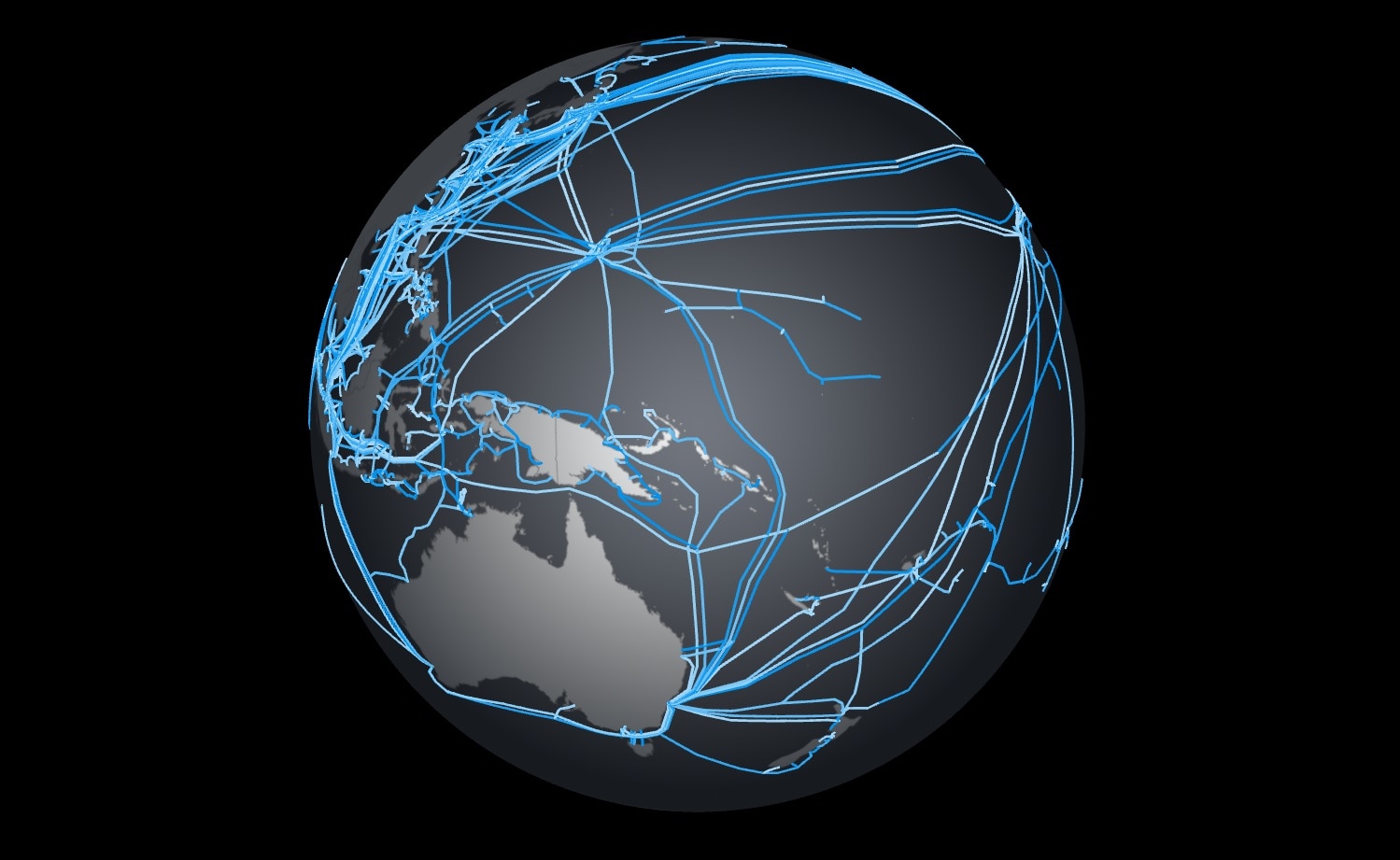 A web of blue lines form a network over Earth. Australia is visible in the bottom left.