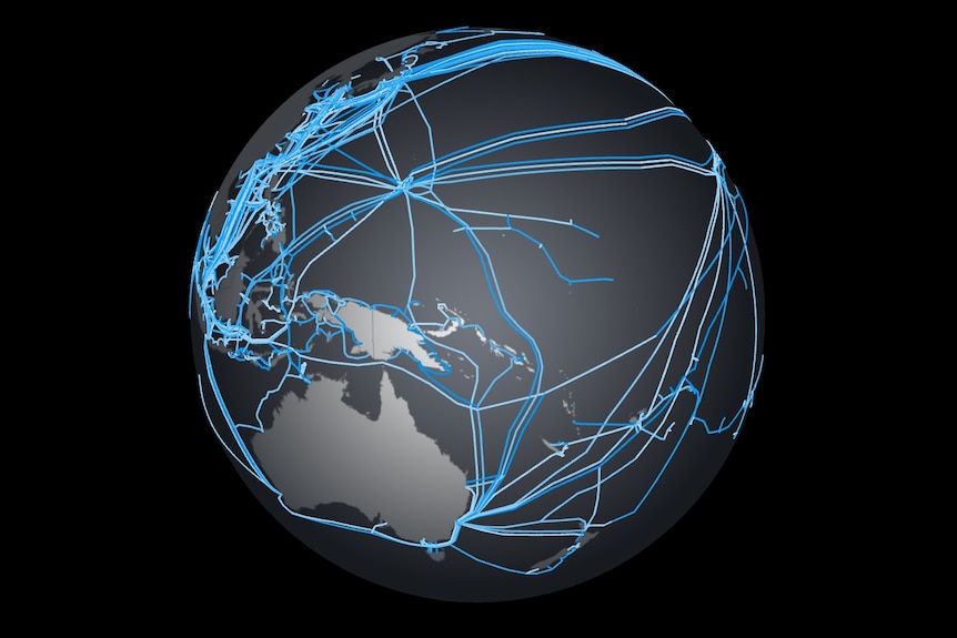 A web of blue lines form a network over Earth. Australia is visible in the bottom left.