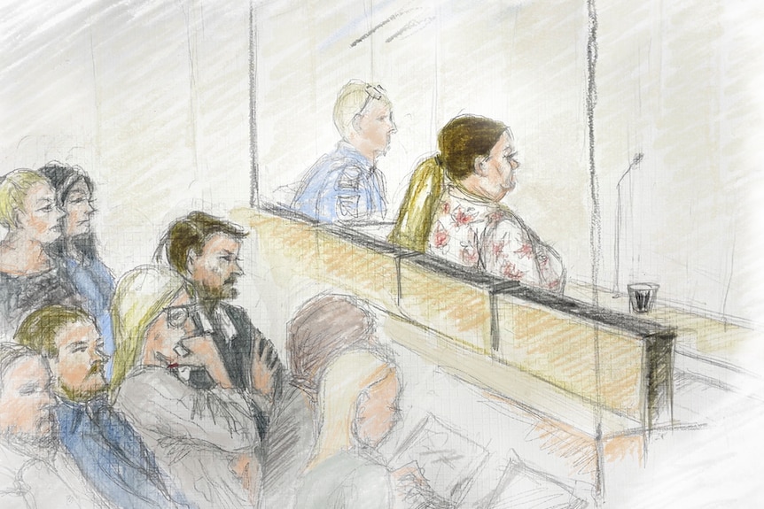 A sketch of Kerri-Ann Conley in the dock with a group of people sitting behind her.