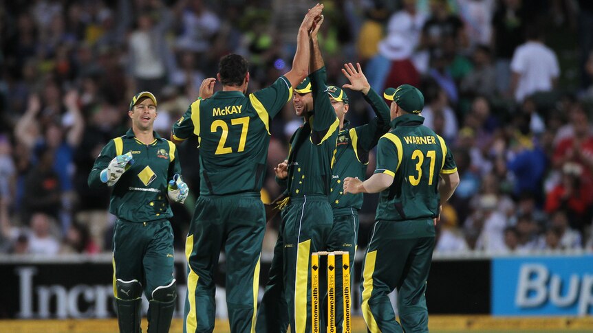Australia celebrate India wicket