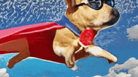 An animated gif of an AI-generated video of a dog wearing a rape cape and flying through the sky