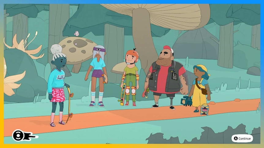 The Olli Olli world characters stand in a group in a forest.