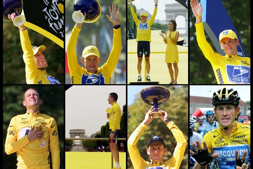 Clockwise from 2005, 2004, 2003, 2002, 2001, 2000 and 1999 of Armstrong posing on the podium after winning the Tour de France.