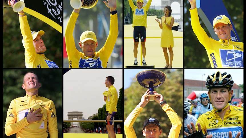 Clockwise from 2005, 2004, 2003, 2002, 2001, 2000 and 1999 of Armstrong posing on the podium after winning the Tour de France.