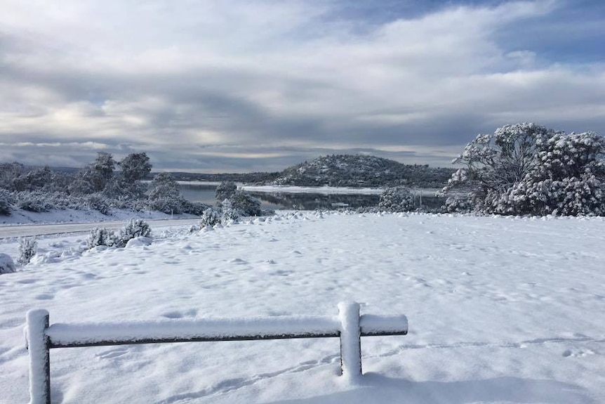A good fall of snow down to Great Lake, in Tasmania's Central Highlands, June 24, 2016