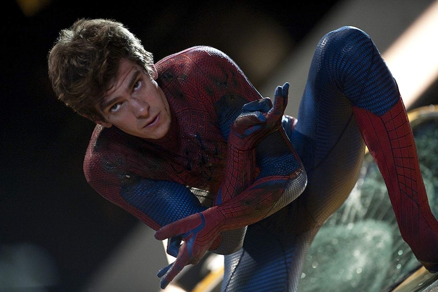 Andrew Garfield crouching in the spider suit