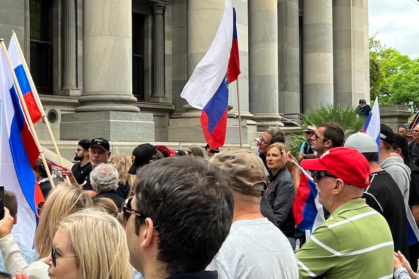Russian flags at an anti-vaccination rally in Adelaide.
