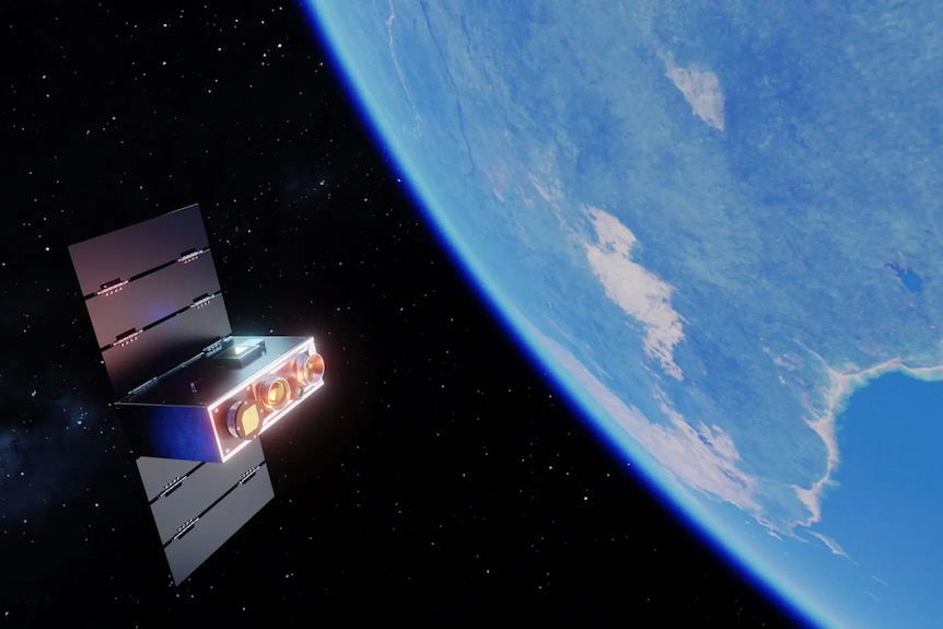 A render showing one of Orora's fire-detecting satellites