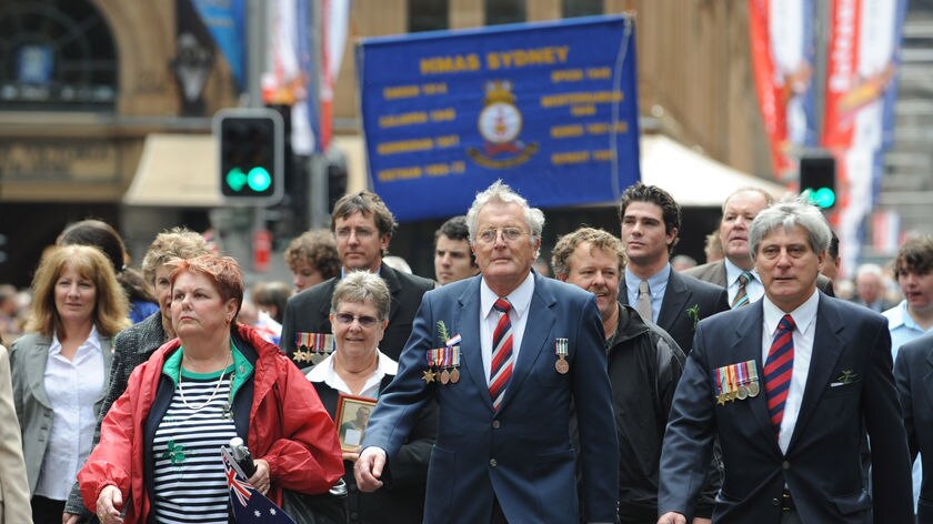 Descendants and family members of the sailors that died on HMAS Sydney march in the ANZAC Day March