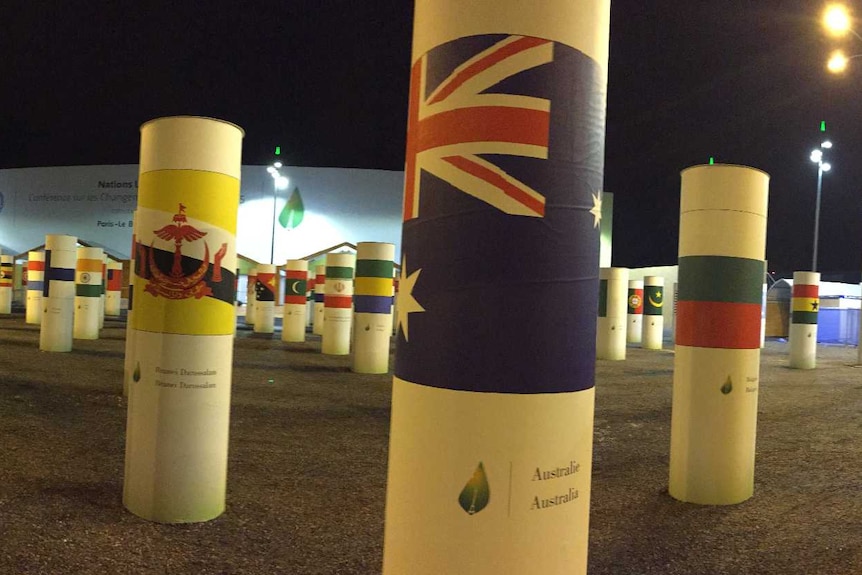 The Australian flag outside the climate change talks venue in Paris.