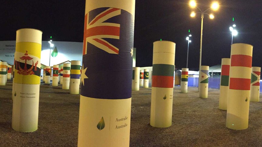 The Australian flag outside the climate change talks venue in Paris.