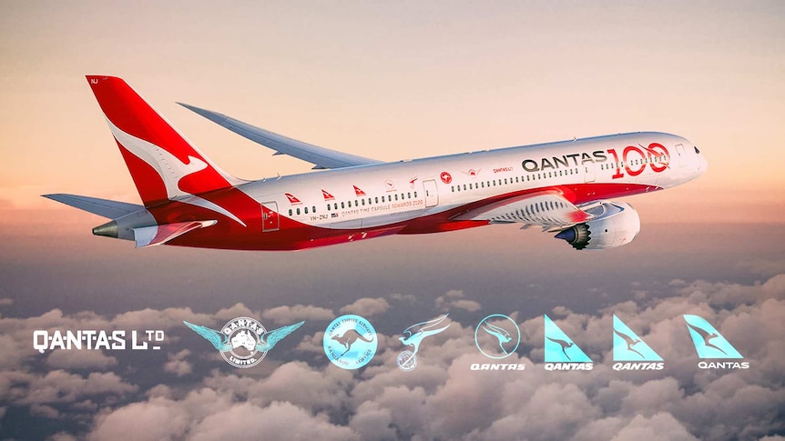 A QANTAS plane with the 100 years logo painted on it. Along the bottom, their logos over time.