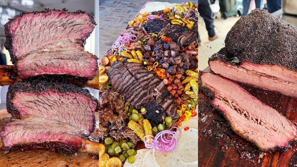 A triptych of three different photos of barbecued meat spreads