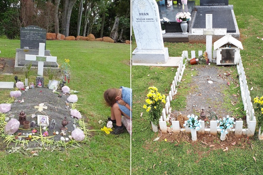 A side-by-side image of a young boy's grave, decorated with mementos.