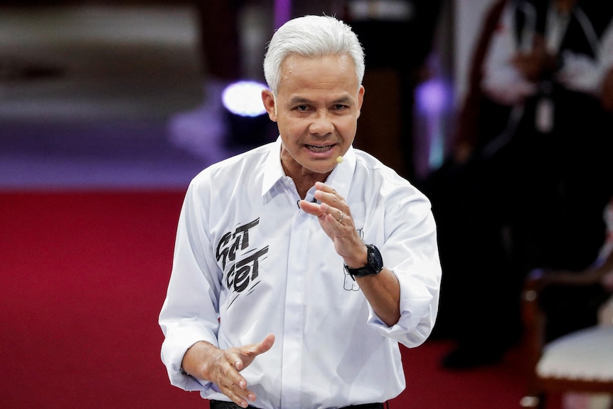 Ganjar Pranowo, presidential candidate of the ruling Indonesian Democratic Party of Struggle speaks during a televised debate.