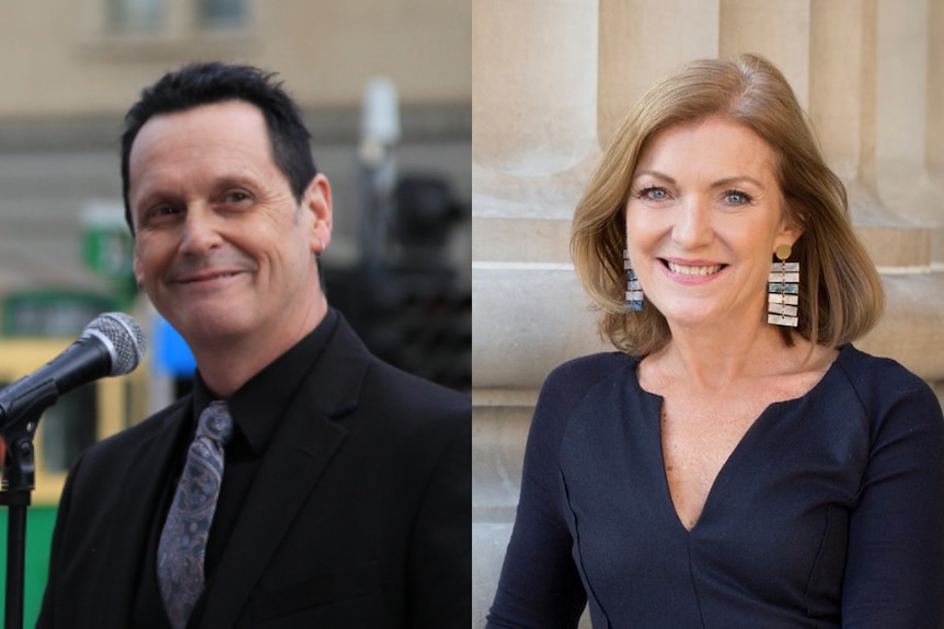 A photo of Andy Meddick standing and smiling at a microphone, and a photo of Fiona Patten smiling at the camera.