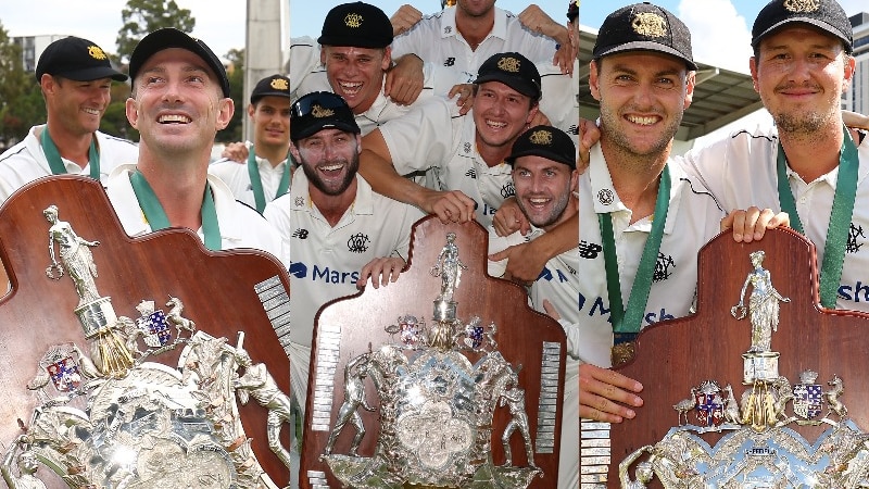 Composite image of three West Australian Sheffield Shield teams with the trophy.
