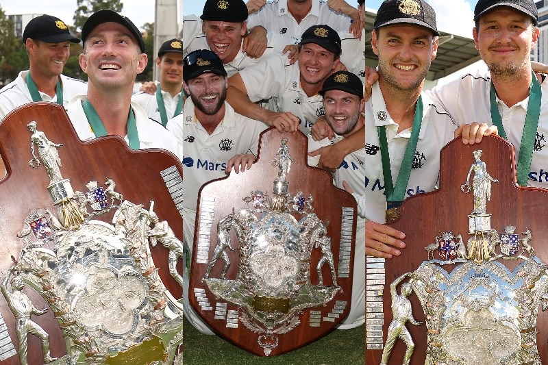 Composite image of three West Australian Sheffield Shield teams with the trophy.