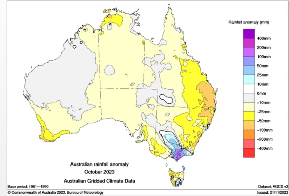 A chart that generally shows lower than usual rainfall across Australia, but with more than average in much of Victoria.
