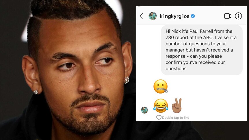 A photo of Nick Kyrgios at a press conference, plus an image of a Snapchat message between him and 7.30 reporter Paul Farrell.