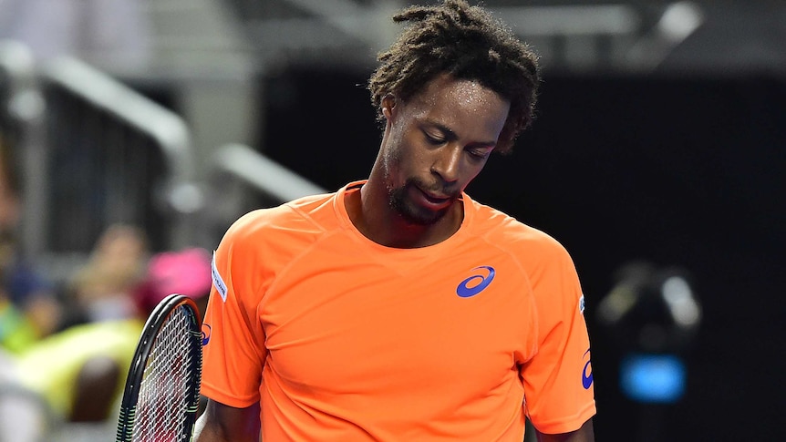 Gael Monfils bemoans his loss to Jerzy Janowicz at the Australian Open