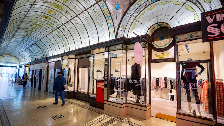 The inside of the Nicholas Building outside a fashion boutique.