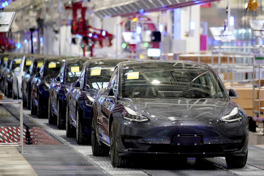 Una fila di Tesla Model 3. 