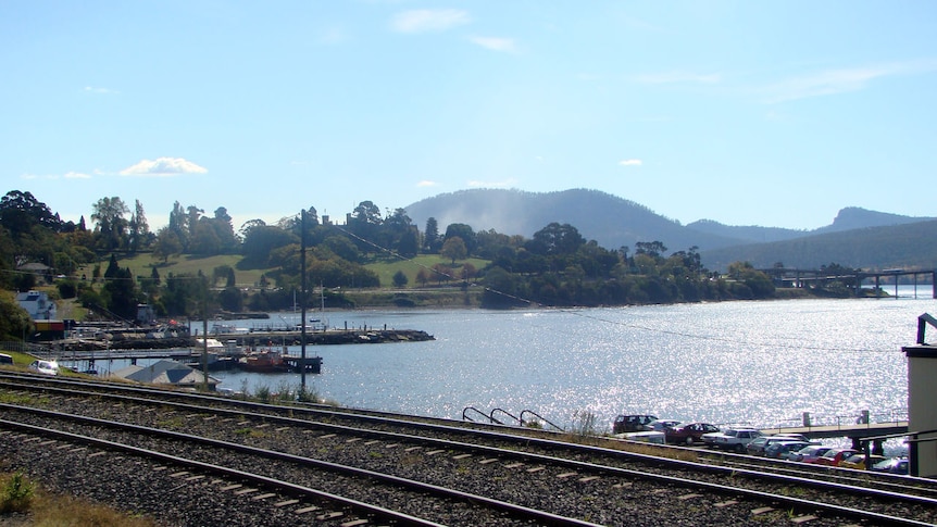View of the train tracks heading towards the Queens Domain on the banks of the Derwent River