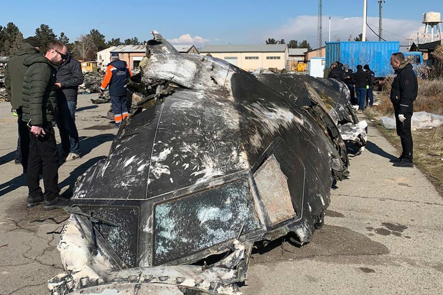 The wreckage of the Ukraine International Airlines Boeing 737-800 at the scene of the crash.