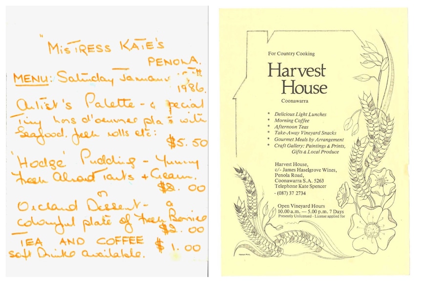 An old handwritten menu for 'Mistress Kate's Penola' for January, 1986. Items include a 'Hodge' pudding and seafood fresh rolls.