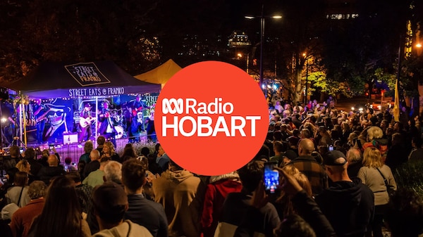 Franko Market in Hobart with big crowd and ABC Hobart logo 
