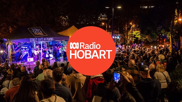 Franko Market in Hobart with big crowd and ABC Hobart logo