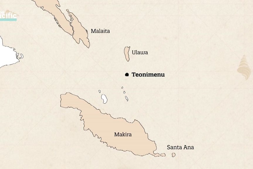A map of the Solomon Islands with a black dot highlighting a place called Teonimenu.