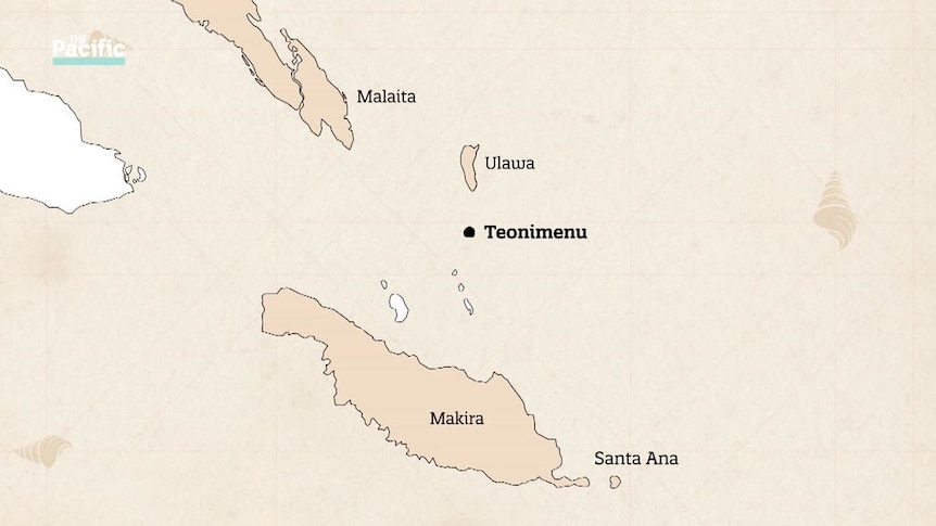 A map of the Solomon Islands with a black dot highlighting a place called Teonimenu.