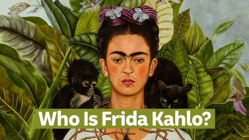 Painted self portrait of Frida Kahlo staring straight ahead with a black, baby monkey and cat on each shoulder.