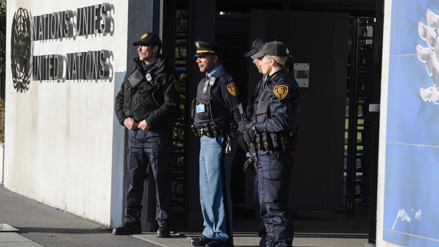 Police stand guard at the United Nations.